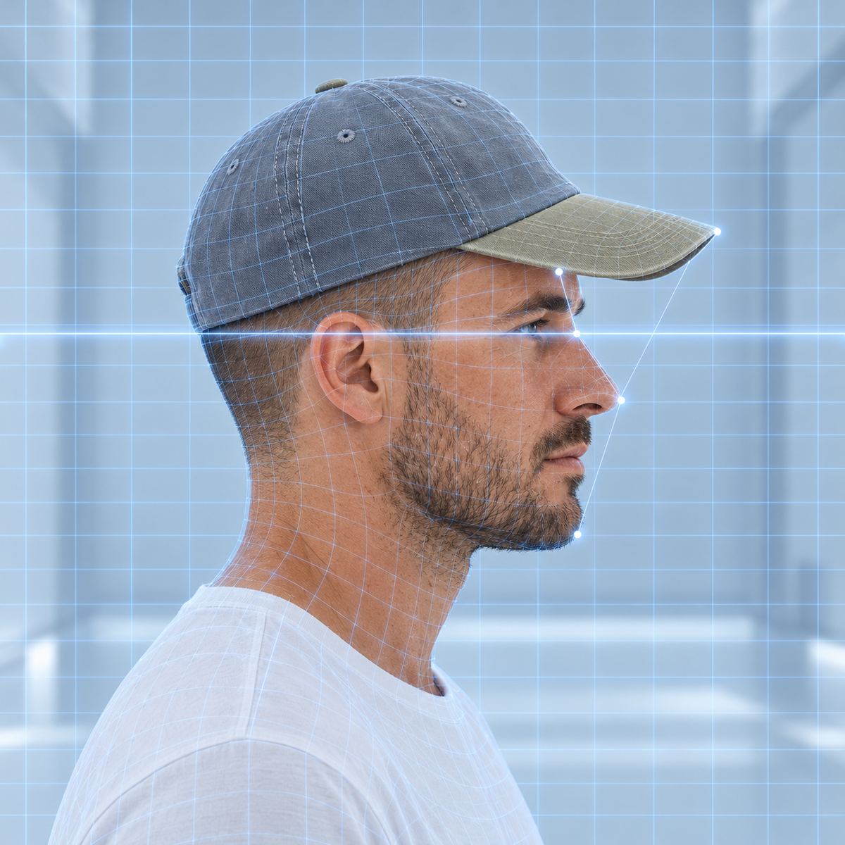 Man in profile wearing a GRACE cap during a 3D face scan in a lab, a study of cap and face proportion