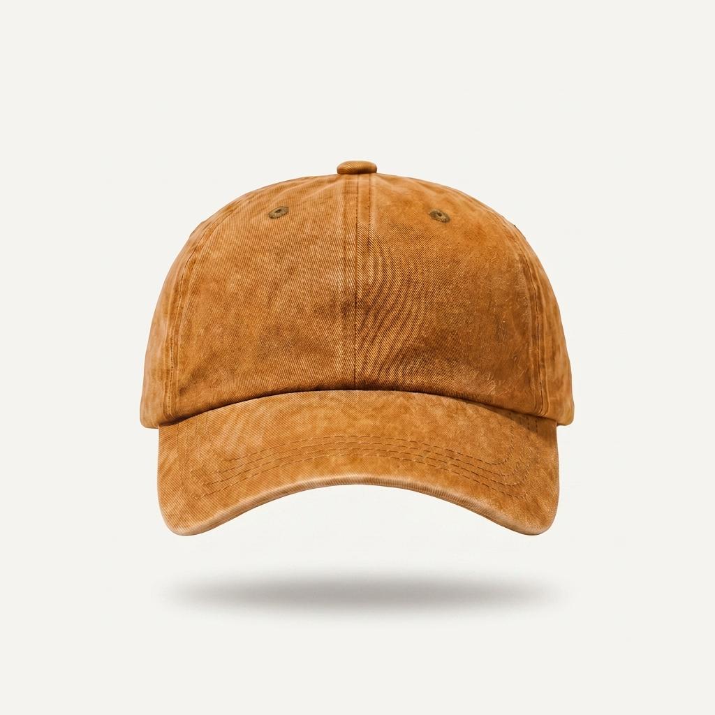 A washed brown baseball cap with a curved brim, shown from the front against a light gray background.