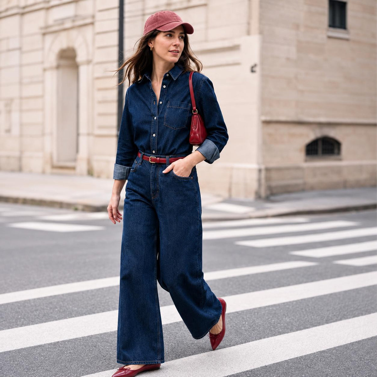 A woman walking on a city crosswalk wearing a dark blue denim shirt-jacket and matching wide-leg jeans, paired with a red cap, red shoulder bag, and red flats.
