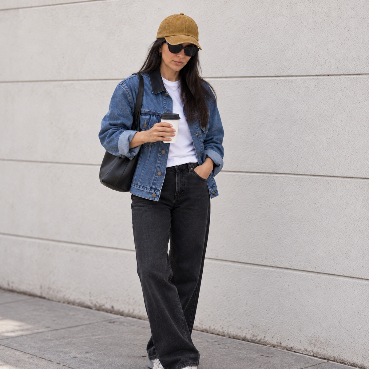 A woman stands on a sidewalk against a light gray concrete wall, wearing a tan baseball cap, black sunglasses, a blue denim jacket over a white t-shirt, black wide-leg jeans, and carrying a black shoulder bag while holding a coffee cup.