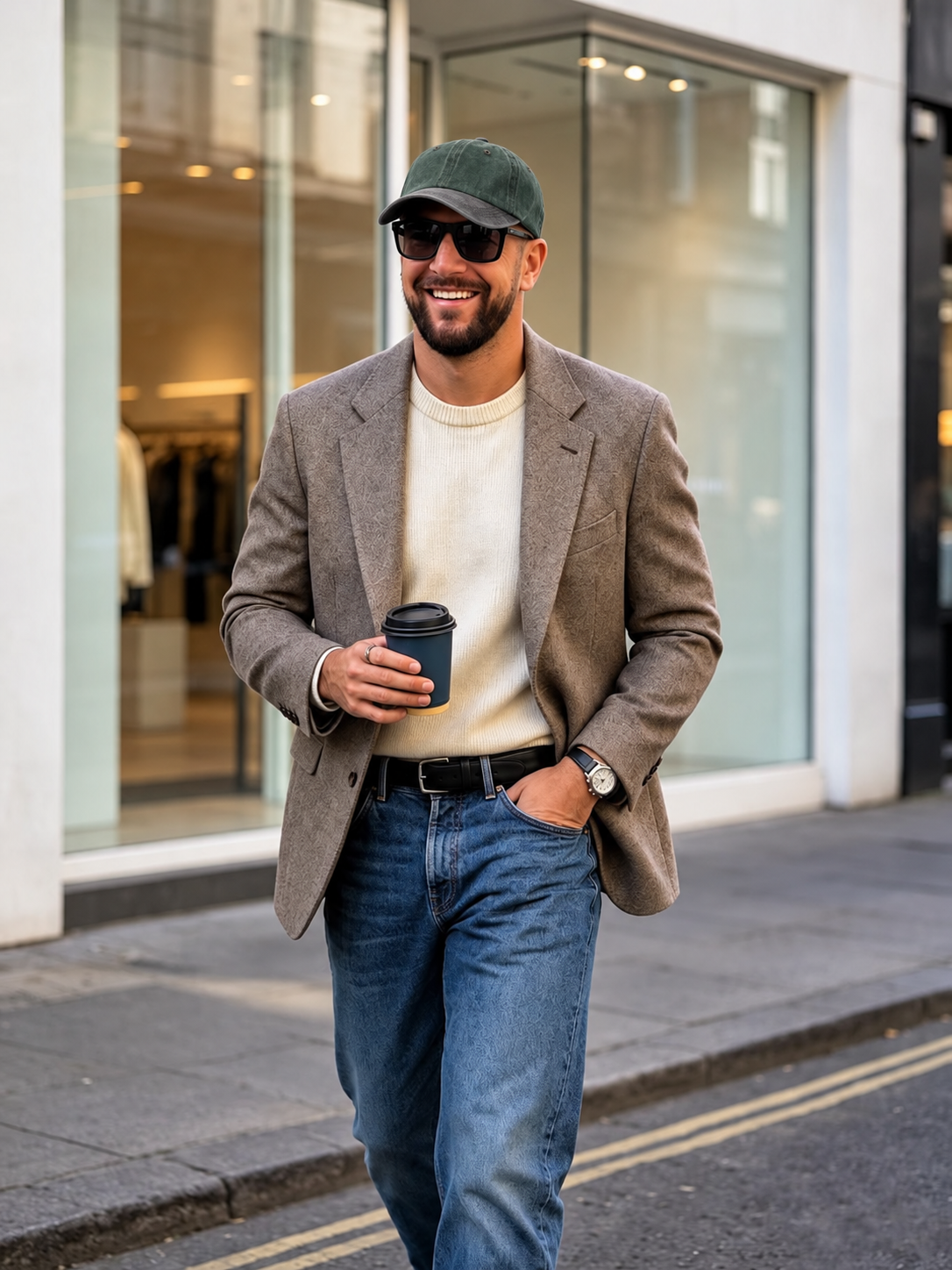 A man walking on a city street wearing a brown tweed blazer, cream crewneck sweater, blue jeans, a green baseball cap, and sunglasses, holding a black coffee cup.
