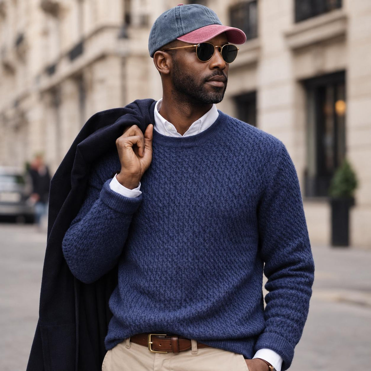 A man wearing a navy blue cable-knit sweater, khaki pants, a blue and pink baseball cap, sunglasses, and holding a dark coat over his shoulder, standing on a city street.