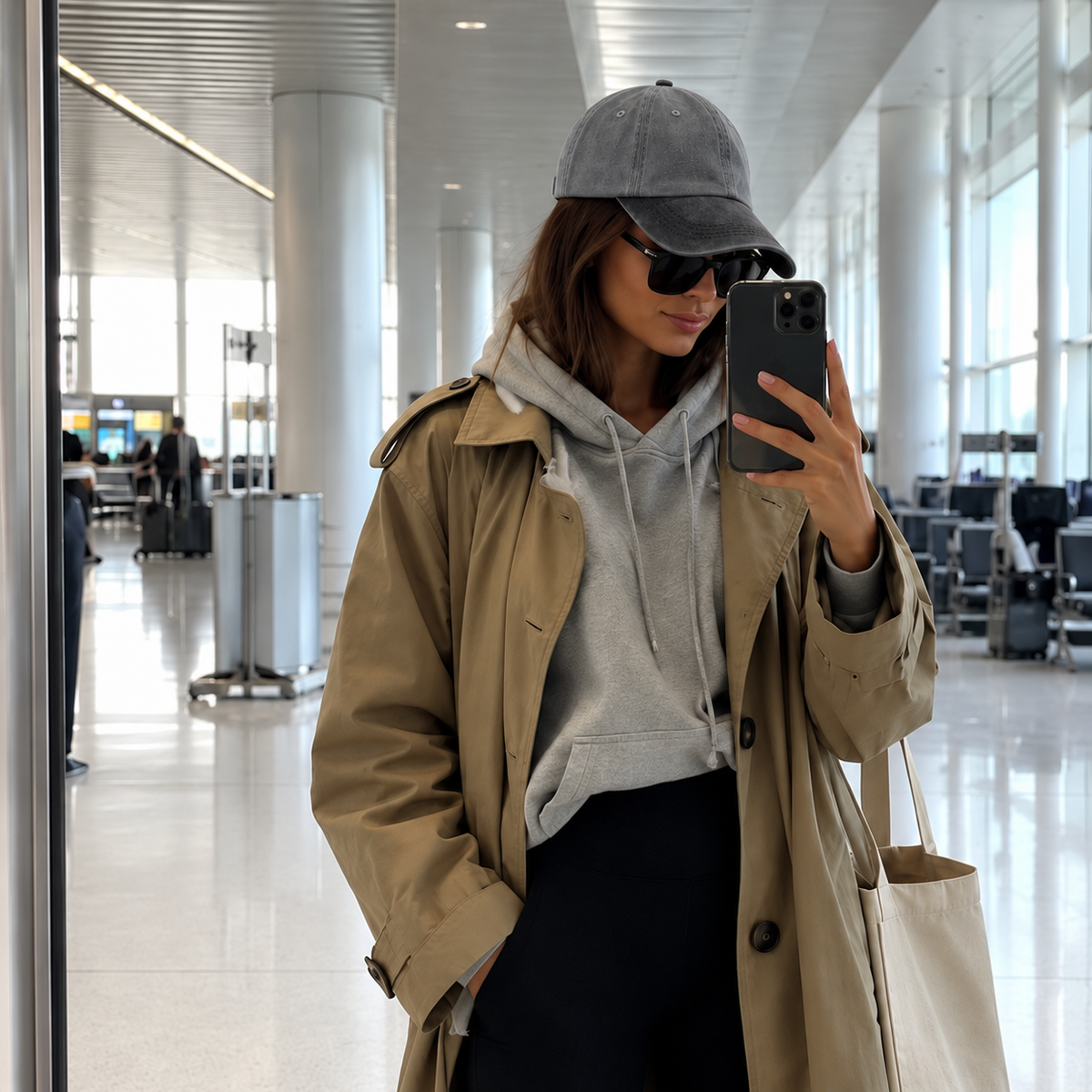 A woman takes a mirror selfie in a modern airport terminal, wearing a beige trench coat over a light gray hoodie, black pants, a gray baseball cap, and sunglasses, while carrying a cream tote bag.