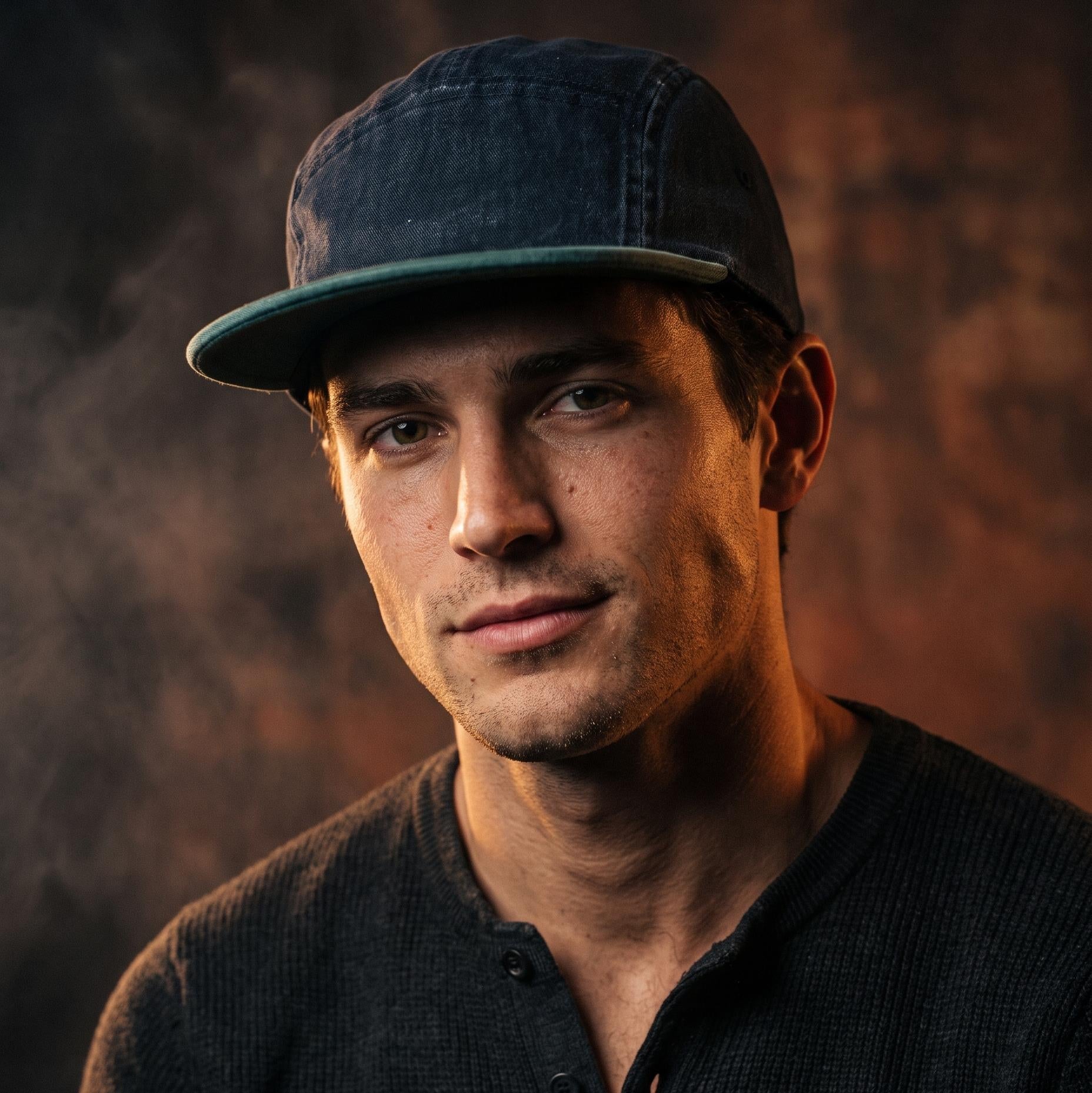 A man wearing a dark navy blue baseball cap and a dark gray henley shirt, photographed in a moody studio setting with a textured brown background.