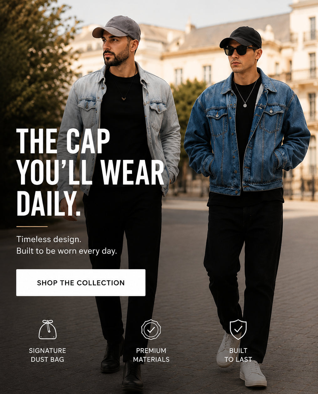 Two men walking outdoors on a city street wearing denim caps and denim jackets over black outfits. Large text on the left reads 'THE CAP YOU'LL WEAR DAILY.