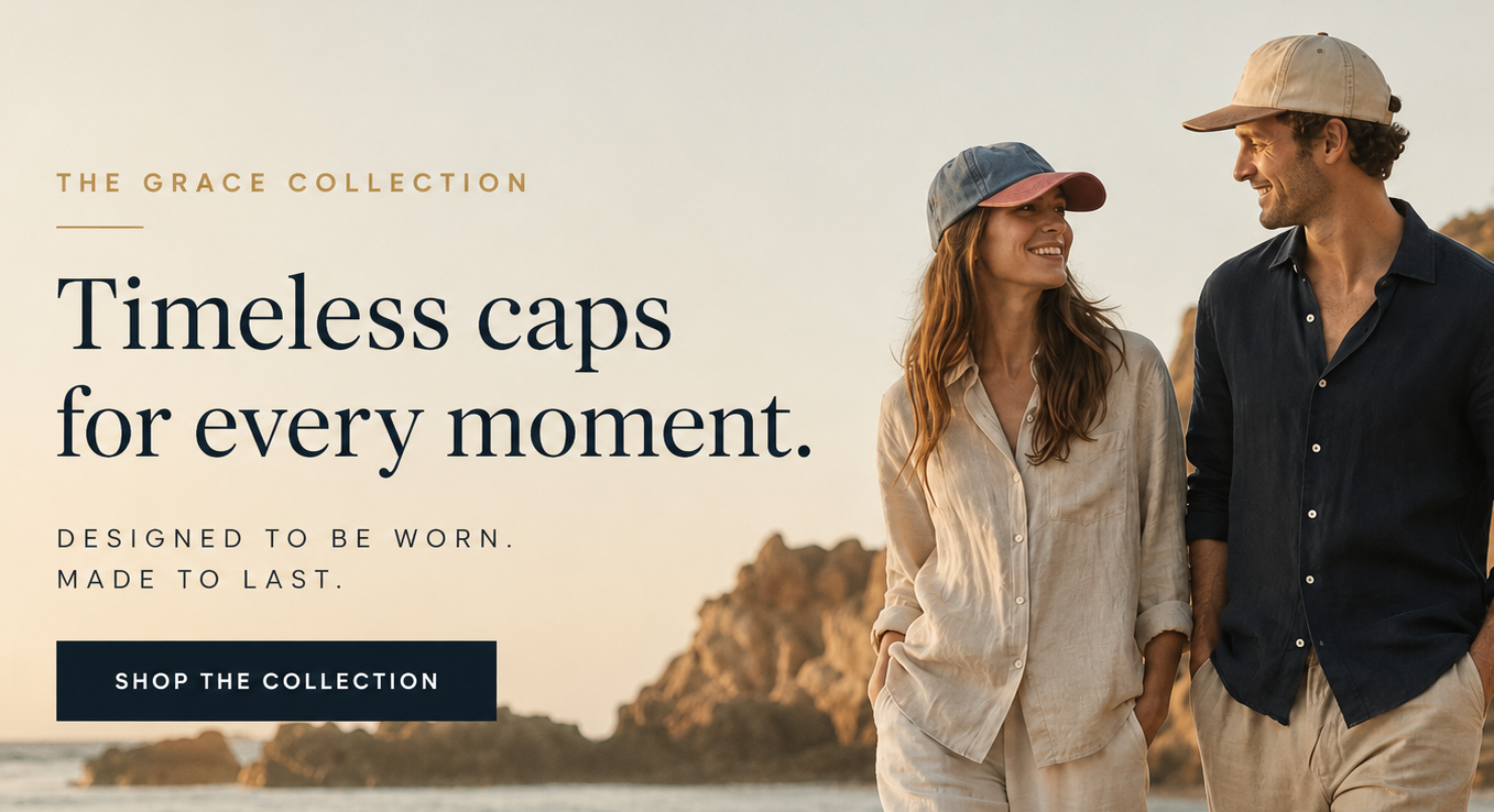 A promotional outdoor photo shows a man and woman walking hand in hand by the water at sunset, both wearing beige baseball caps. Large text on the left reads 'The Grace Collection' and 'Timeless caps for every moment.