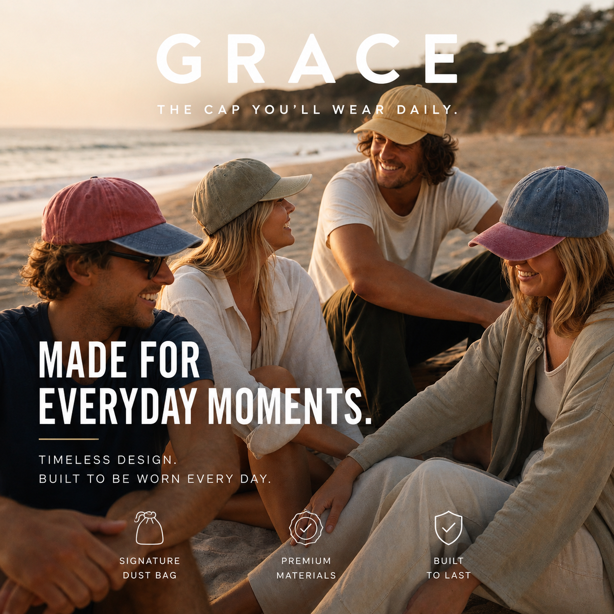 Four people sitting together on a beach at sunset, each wearing a different colored baseball cap. Large white text at the top reads 'GRACE' and the bottom text reads 'MADE FOR EVERYDAY MOMENTS.