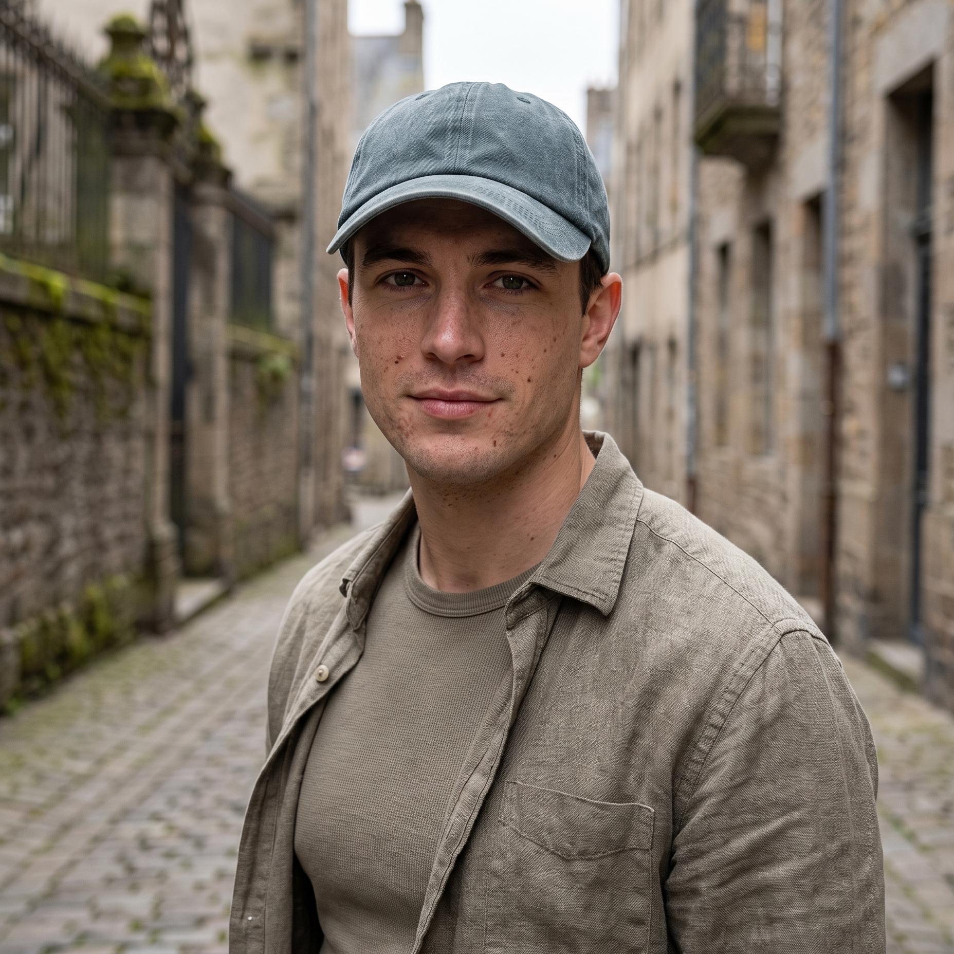 A man wearing a blue-gray baseball cap, olive green t-shirt, and matching linen button-up shirt, standing in a narrow cobblestone alleyway with stone buildings.