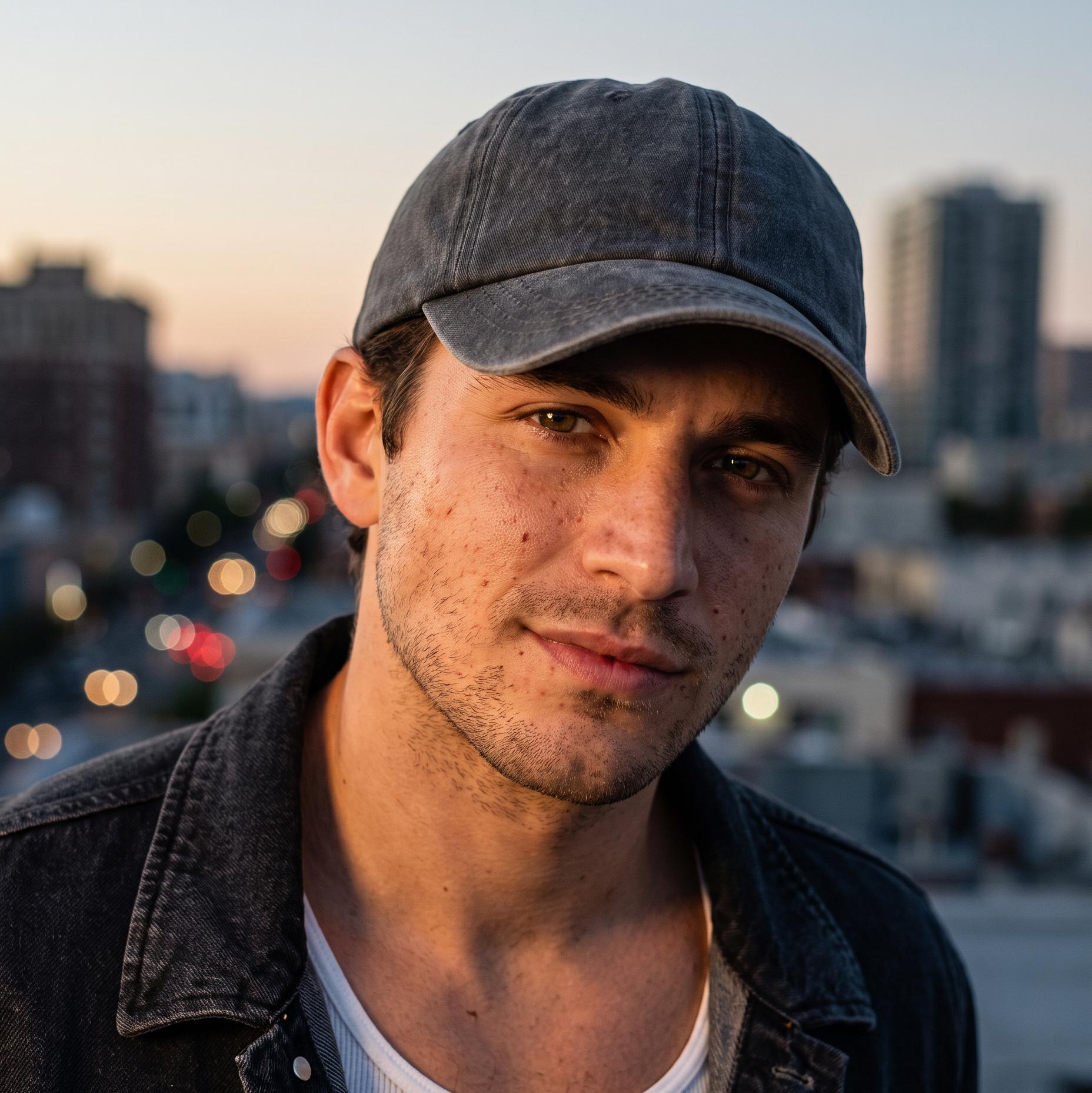 A man wearing a dark gray baseball cap, a dark denim jacket, and a white ribbed tank top, photographed outdoors against a softly blurred city skyline at sunset.