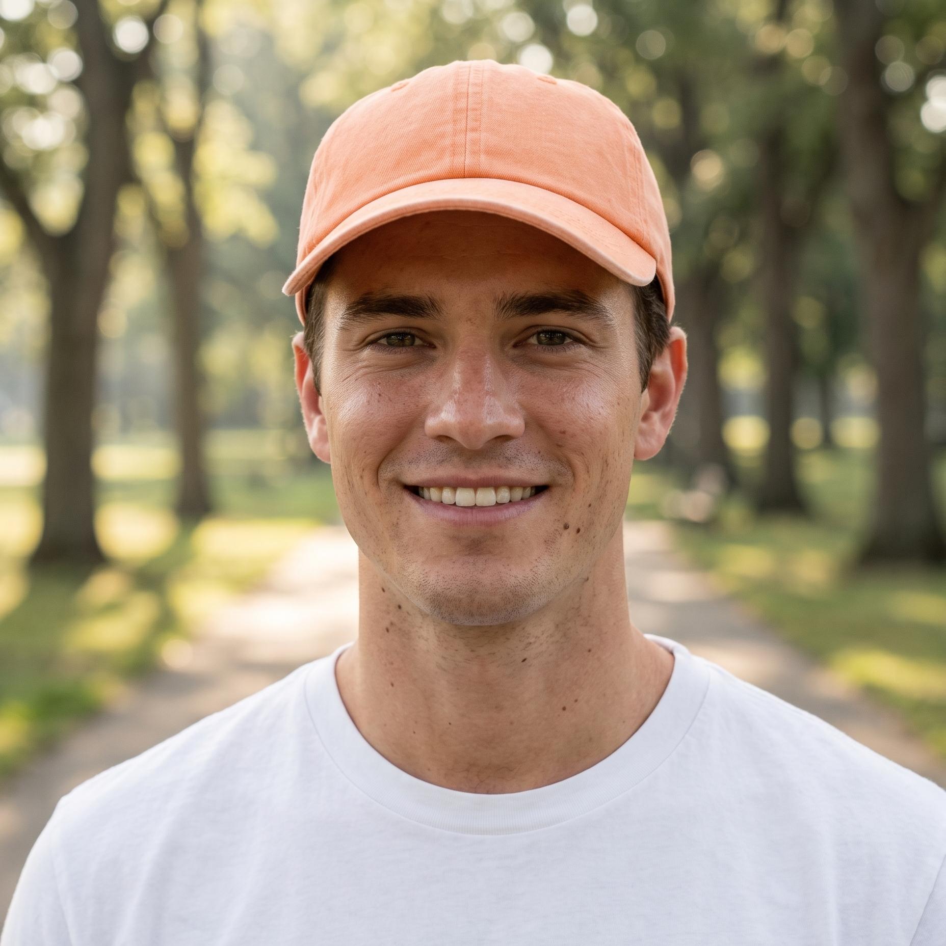 A smiling man wearing a peach-colored baseball cap and a white t-shirt, standing outdoors in a park with blurred trees in the background.