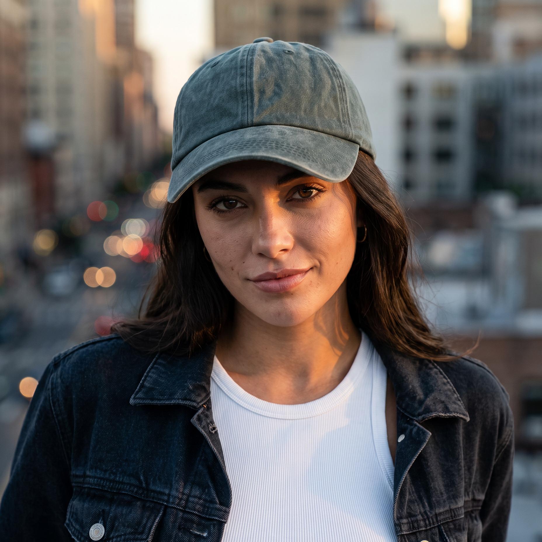A woman wearing a washed gray baseball cap, a white ribbed tank top, and a dark denim jacket, photographed against a softly blurred city street background at sunset.