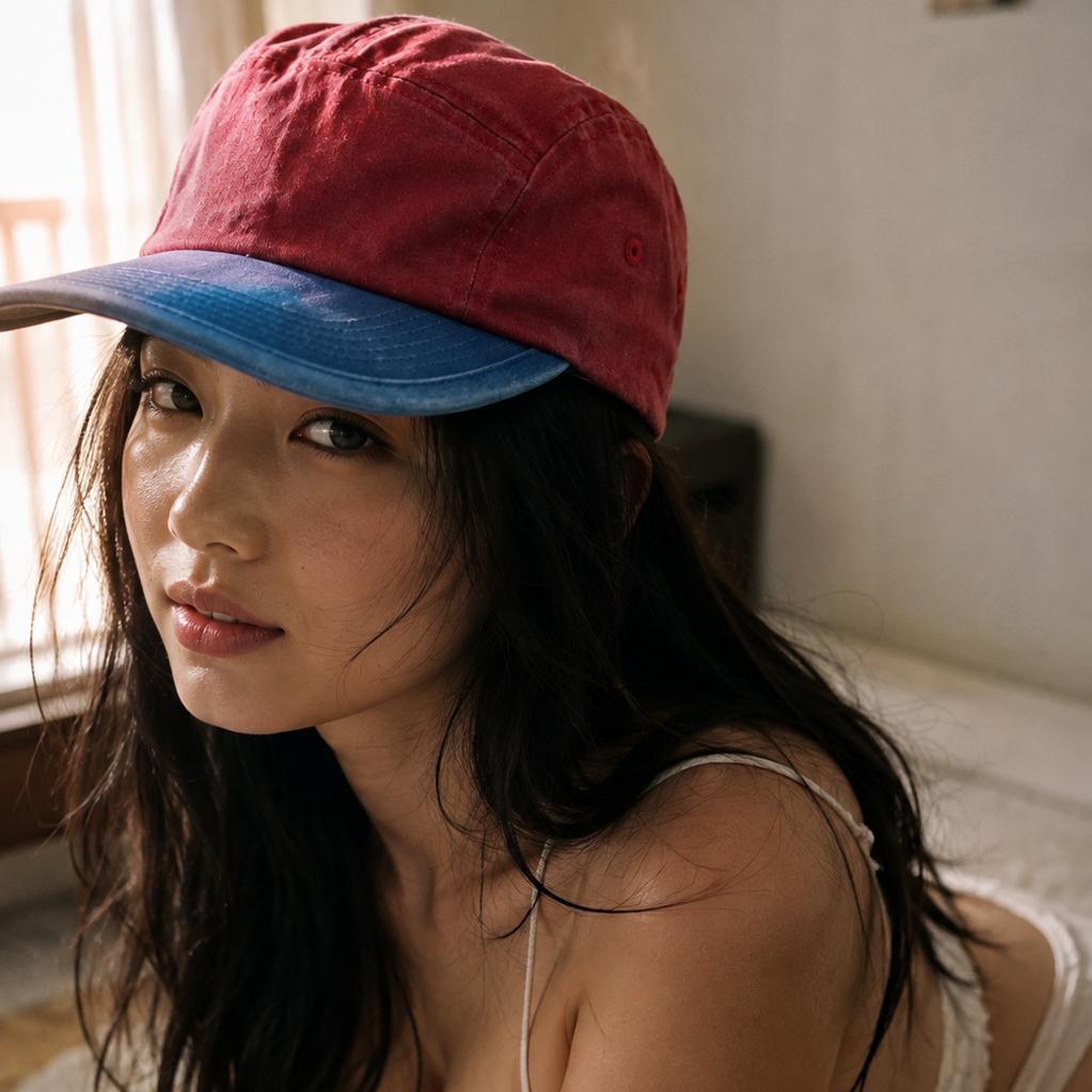 A woman wearing a red and blue baseball cap and white lace lingerie poses on a bed in a softly lit bedroom.