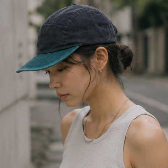A woman wearing a dark navy blue baseball cap with a teal-green brim, paired with a light gray tank top, photographed outdoors in a softly blurred urban setting.