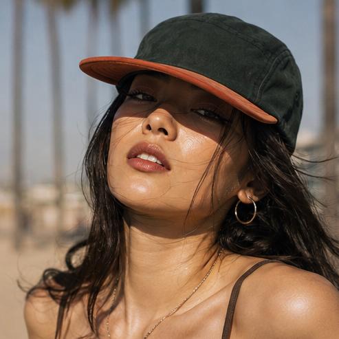 A woman on a beach wearing a dark green baseball cap with a rust-orange brim, looking upward in warm sunlight.