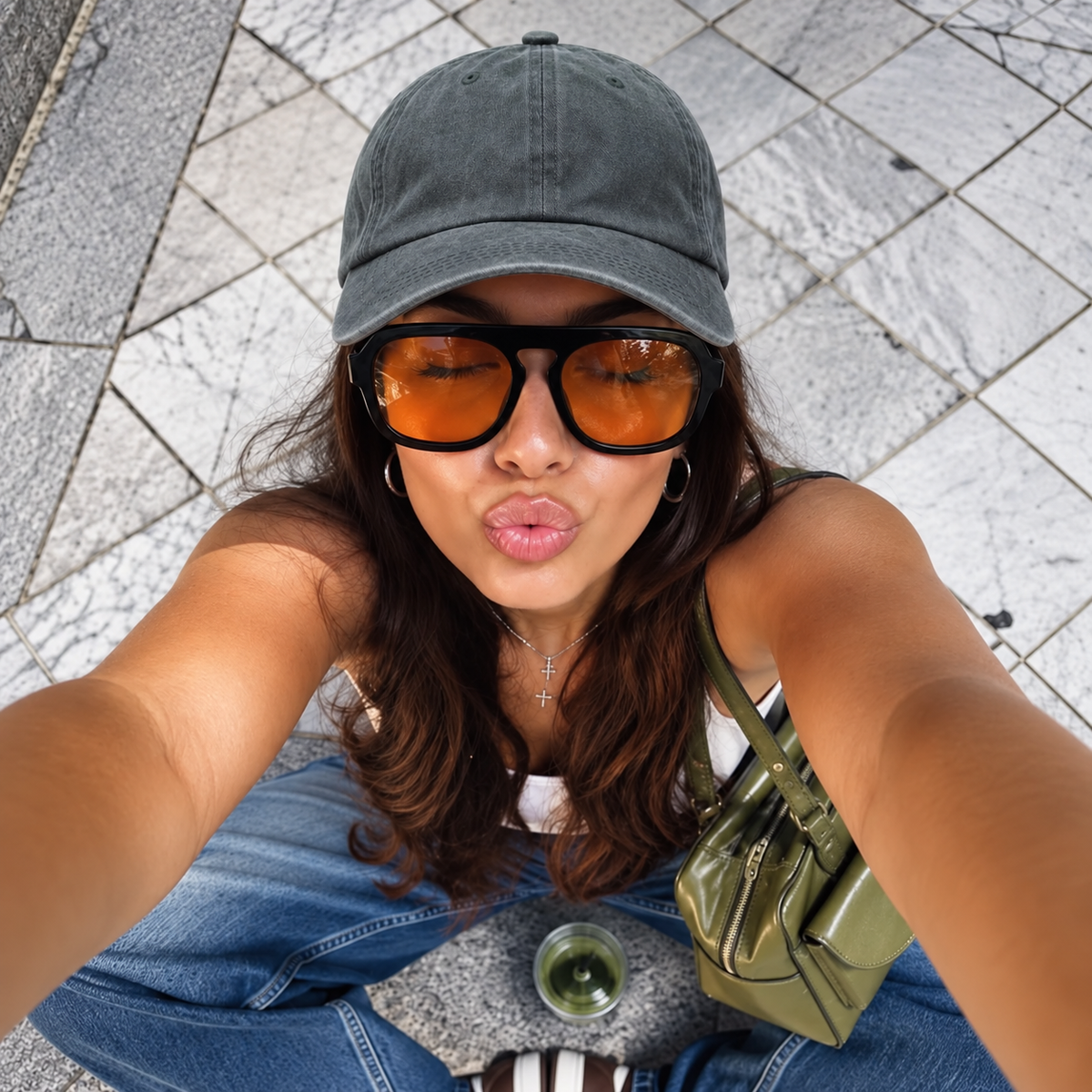 A woman taking a selfie wearing a dark gray baseball cap, orange-tinted sunglasses, a white tank top, blue denim overalls, and an olive green shoulder bag, set against a gray tiled pavement background.