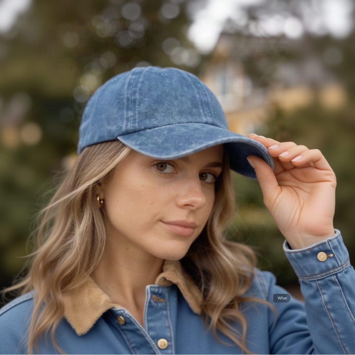 A woman wearing a washed blue denim baseball cap, shown in a close-up outdoor portrait with a blurred natural background.