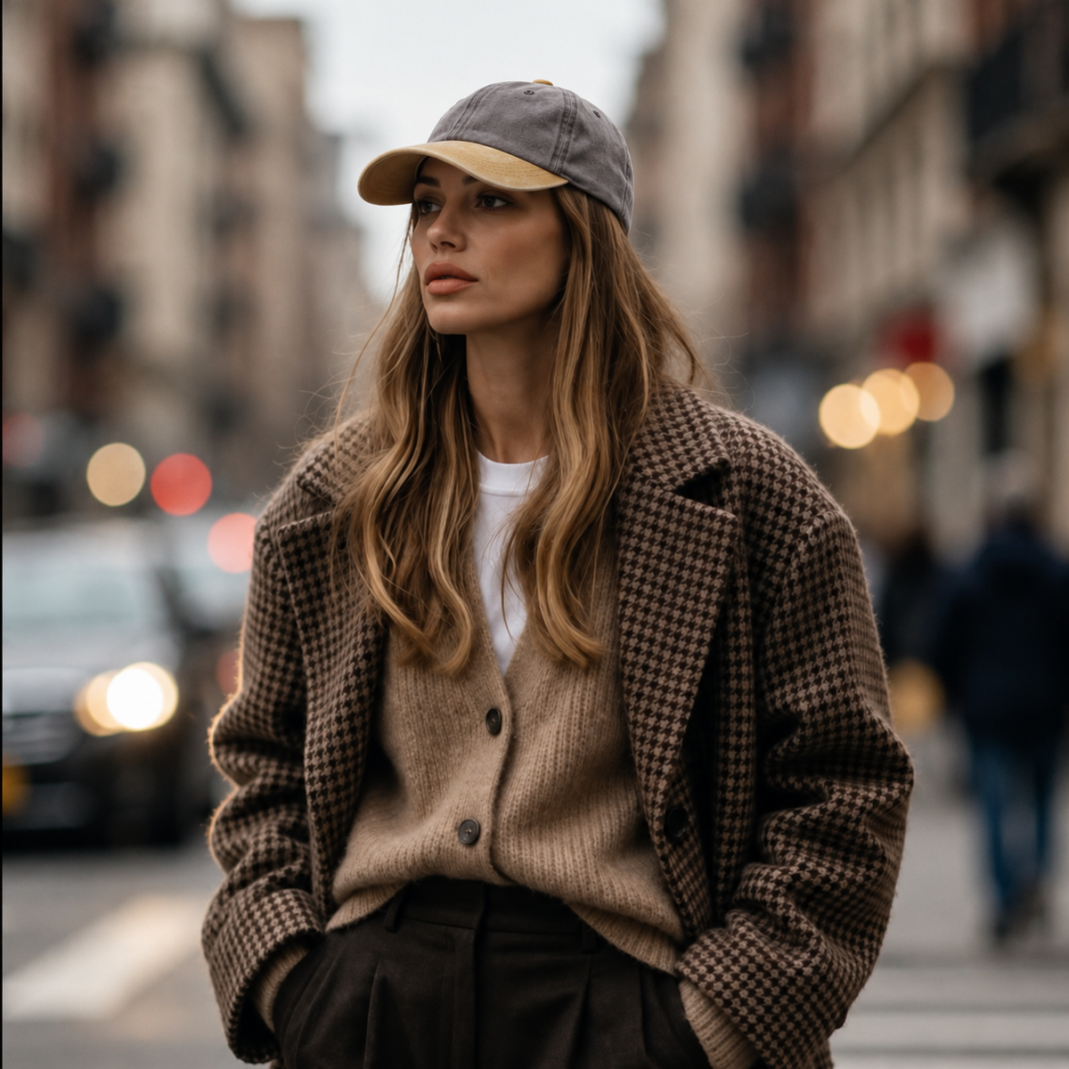 A woman standing on a city street wearing a brown and beige houndstooth blazer over a beige knit cardigan, a white t-shirt, black pants, and a gray baseball cap.