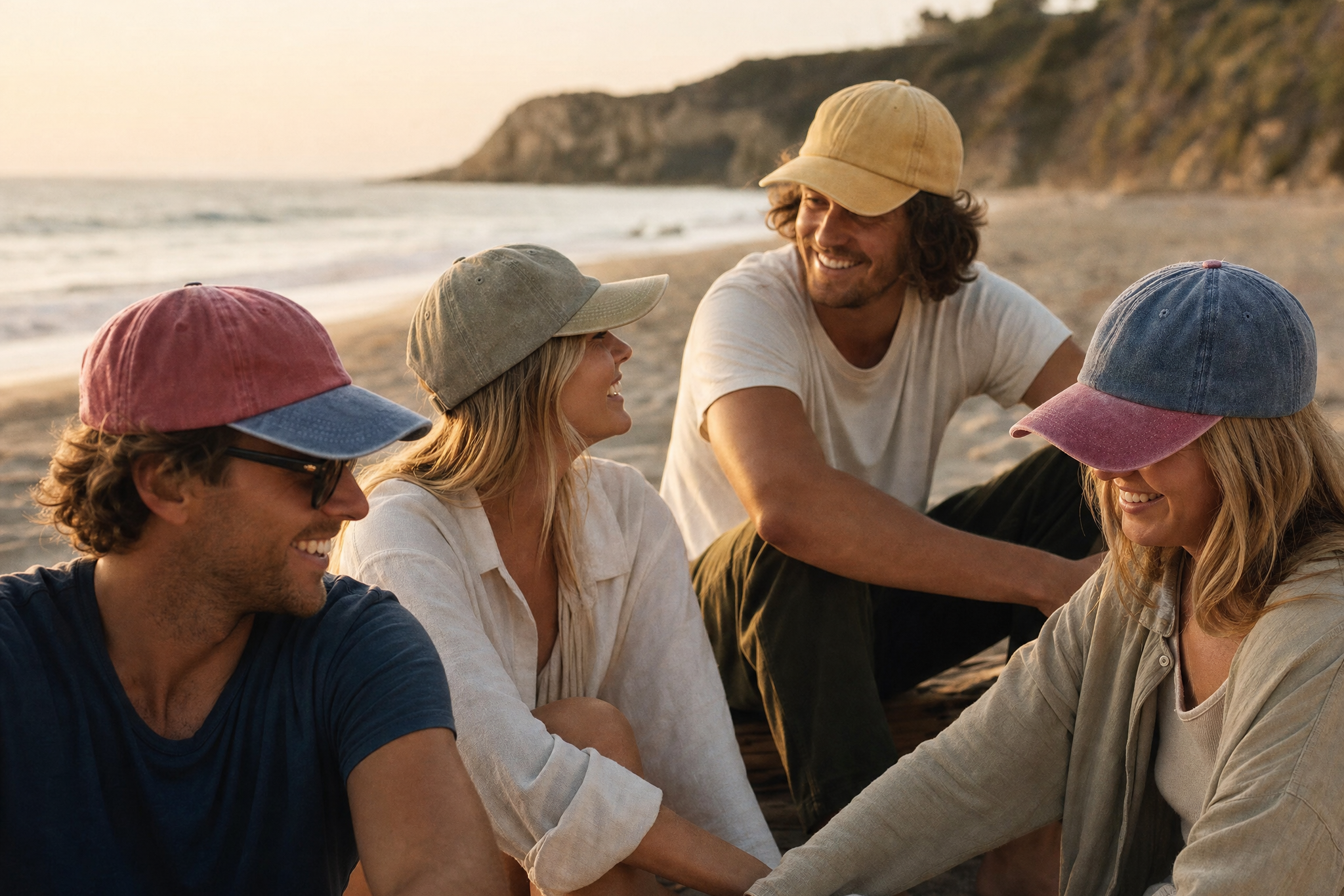Four people sitting together on a beach at sunset, each wearing a different color baseball cap in pink, blue, beige, and gray. The background shows the ocean and a rocky coastline.