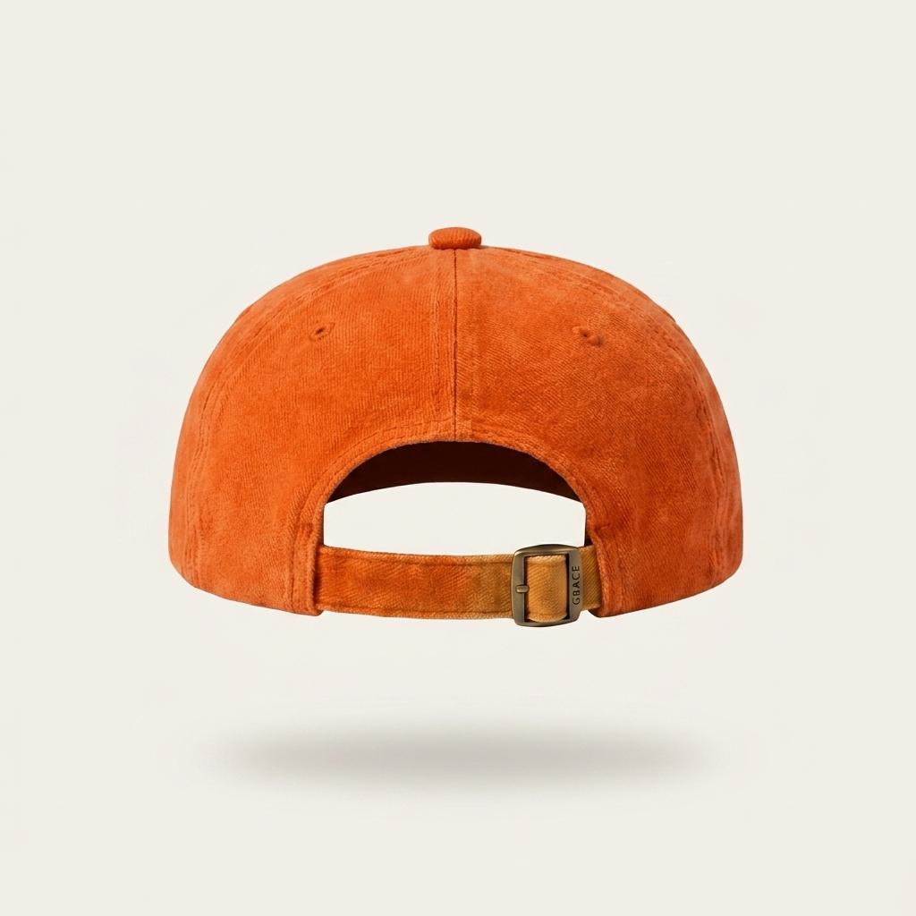 An orange suede baseball cap shown from the back, featuring a matching orange fabric button and an adjustable orange leather strap with a silver metal buckle, set against a light beige background.