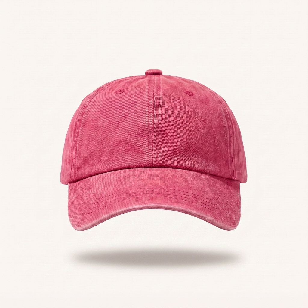 A washed pink baseball cap shown from the front against a clean off-white background with a soft drop shadow underneath.
