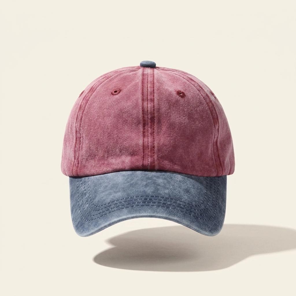 A two-tone baseball cap with a washed dusty rose crown and a blue denim-look brim, shown against a light beige background.
