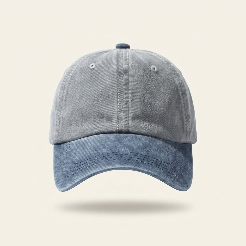 A washed dad-style baseball cap with a light gray crown and a blue denim-look brim, shown against a solid light beige background.