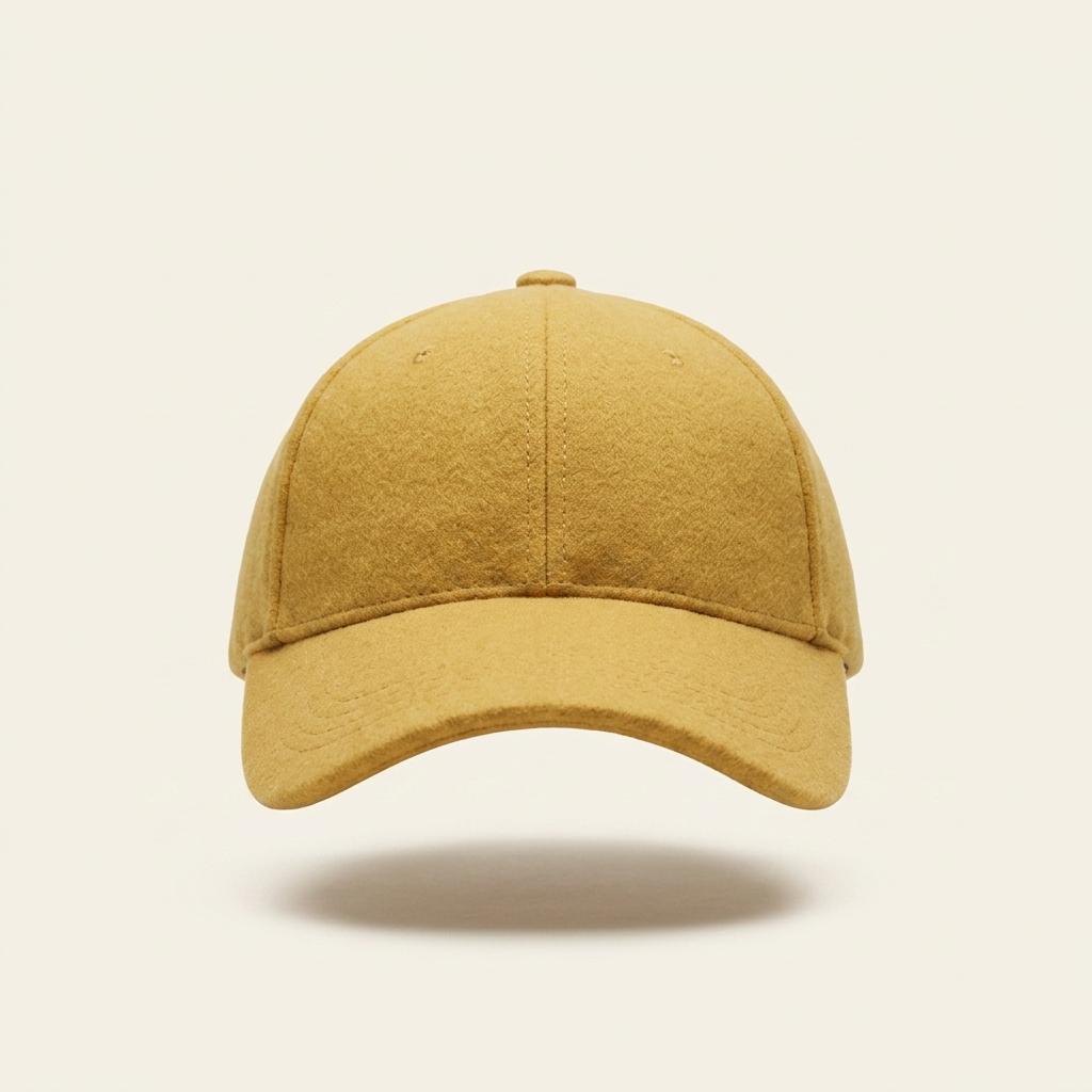 A classic six-panel baseball cap in a warm mustard yellow color, shown from the front against a light cream background with a soft drop shadow.