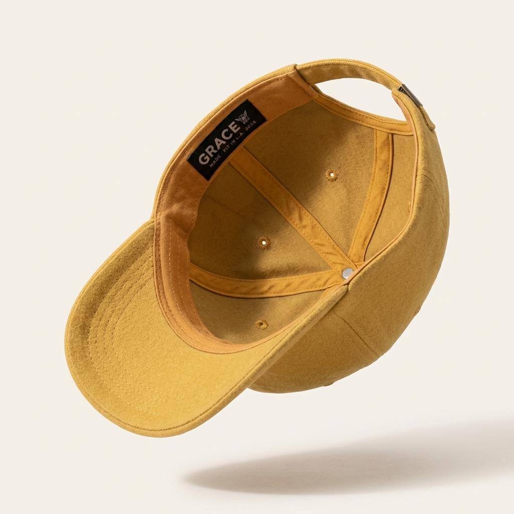 A mustard yellow baseball cap shown from an angled top-down perspective, floating against a light off-white background with a soft shadow underneath. The brand name 'GRACE' is visible on a black label sewn inside the crown.