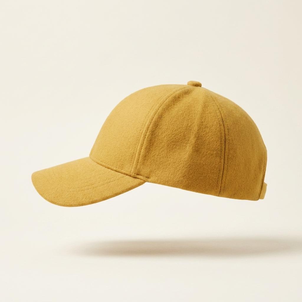 A mustard yellow wool cap floating against a light cream background with a soft shadow underneath.