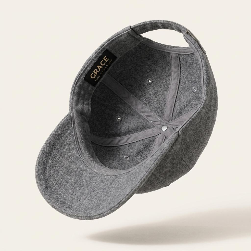 A dark gray felt baseball cap shown floating at an angle, displaying the interior crown, adjustable snapback strap, and a black brand label that reads 'GRACE'.