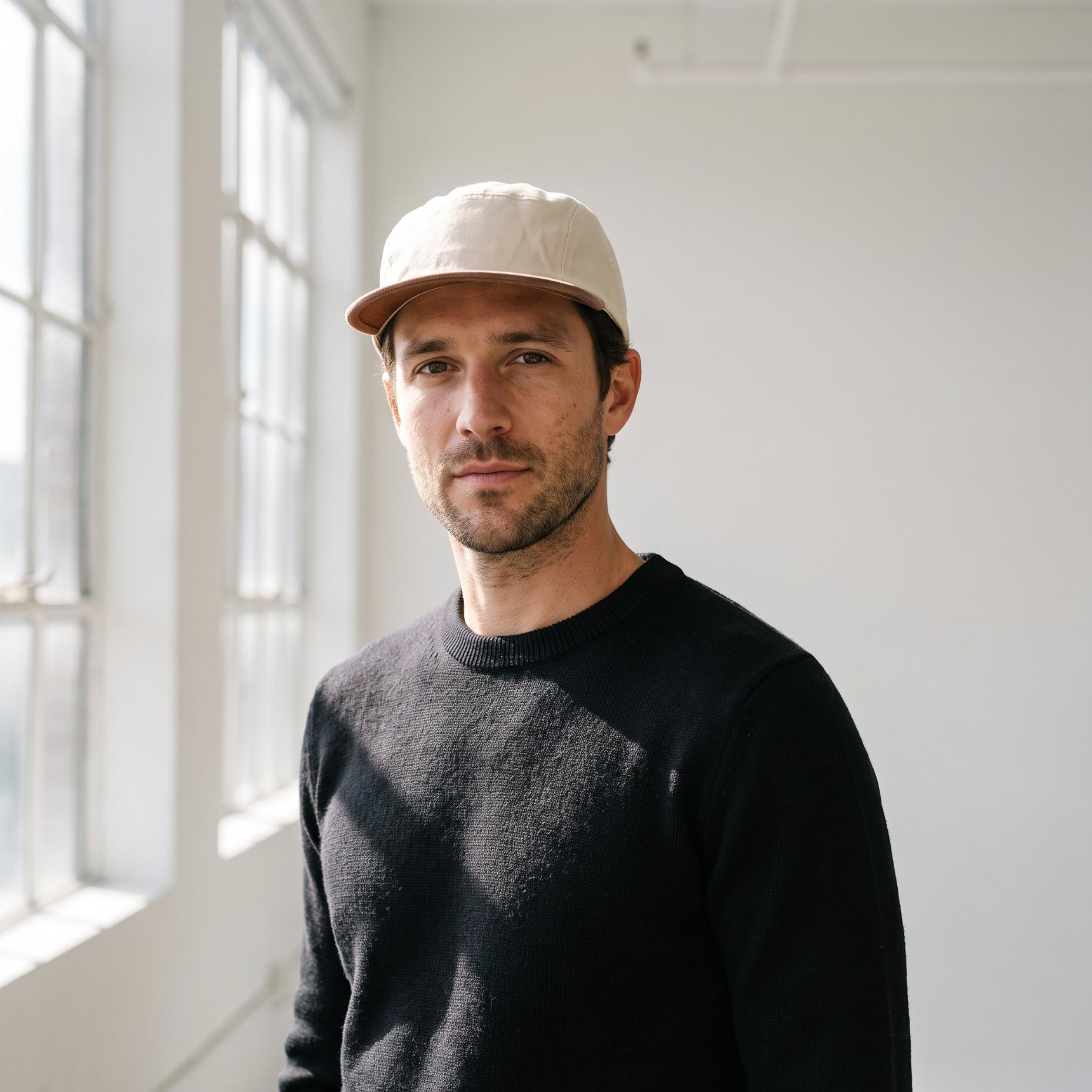 A man wearing a cream-colored baseball cap and a dark charcoal knit sweater, standing in a bright, minimalist room with large windows.