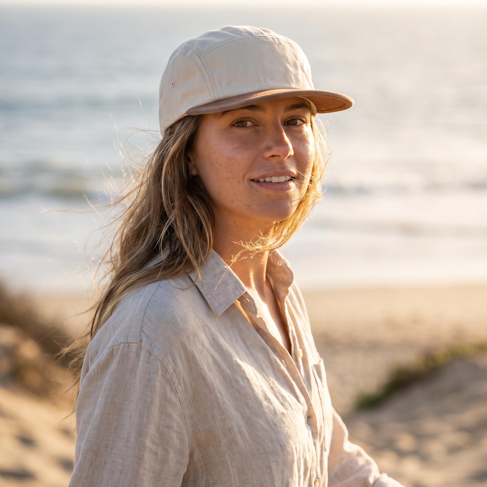 A woman wearing a light beige linen cap and matching long-sleeve shirt stands on a sandy beach with the ocean in the background during warm golden hour.