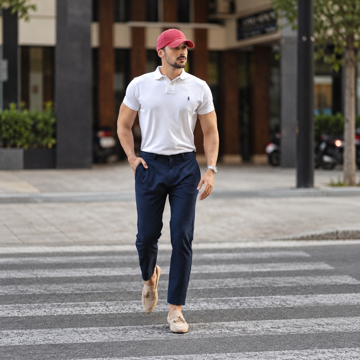 A man walking across a city crosswalk wearing a white polo shirt with a small embroidered logo on the chest, navy blue trousers, beige loafers, and a pink cap.