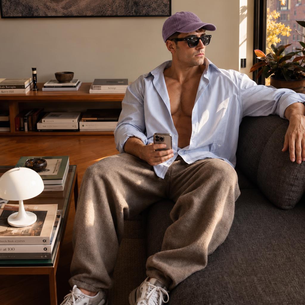A man wearing a light blue button-down shirt, beige sweatpants, white sneakers, and a purple baseball cap sits on a dark gray sofa in a sunlit living room.