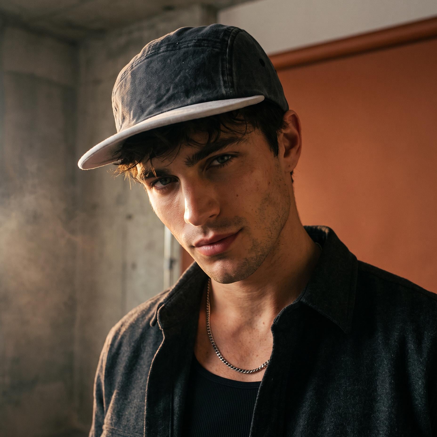 A close-up portrait of a young man wearing a dark washed denim baseball cap with a white visor, a dark overshirt, and a silver chain necklace in a warm-toned indoor setting.