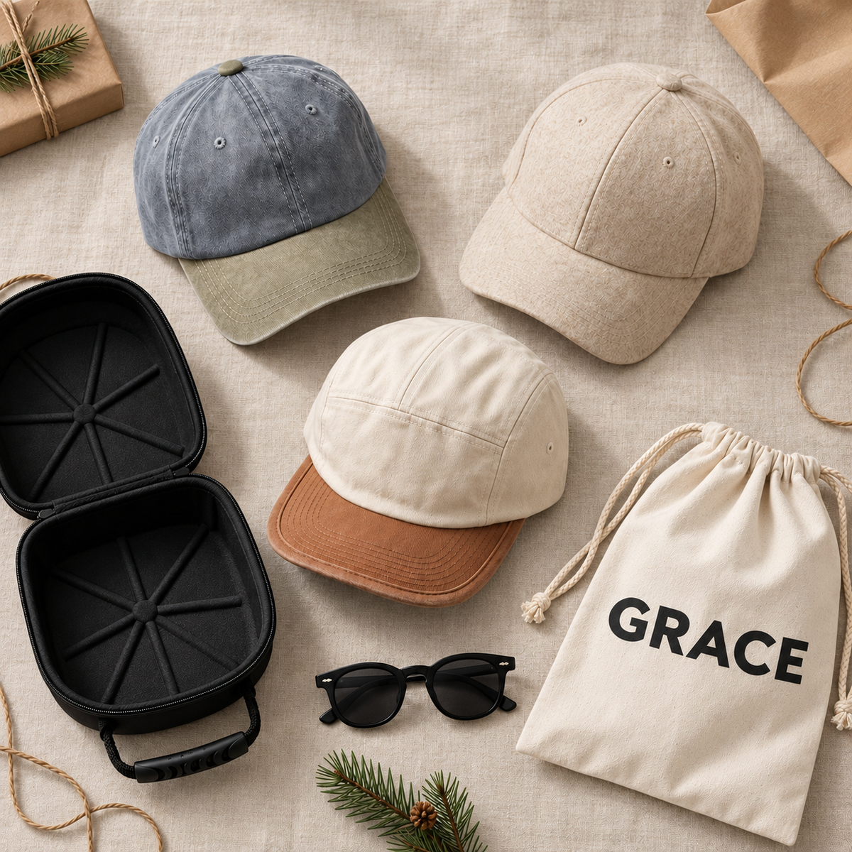 Editorial flat lay with a GRACE Headwear bag, a gift idea for the man who says he needs nothing