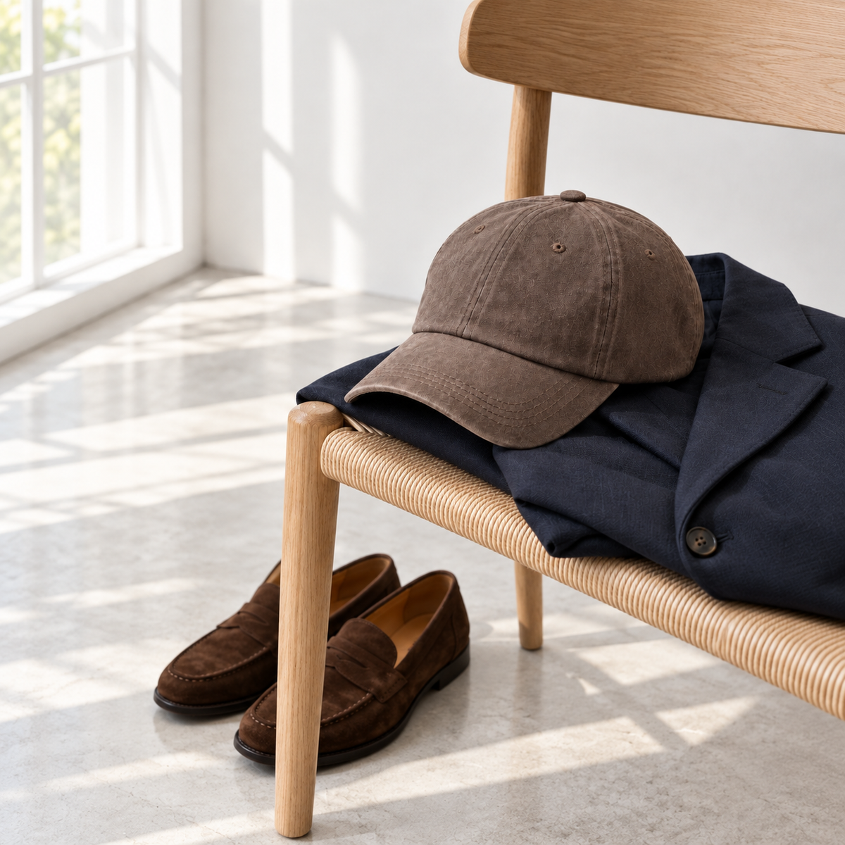 Man wearing a GRACE cap with grown-up autumn clothes, Off the Bleachers style guide