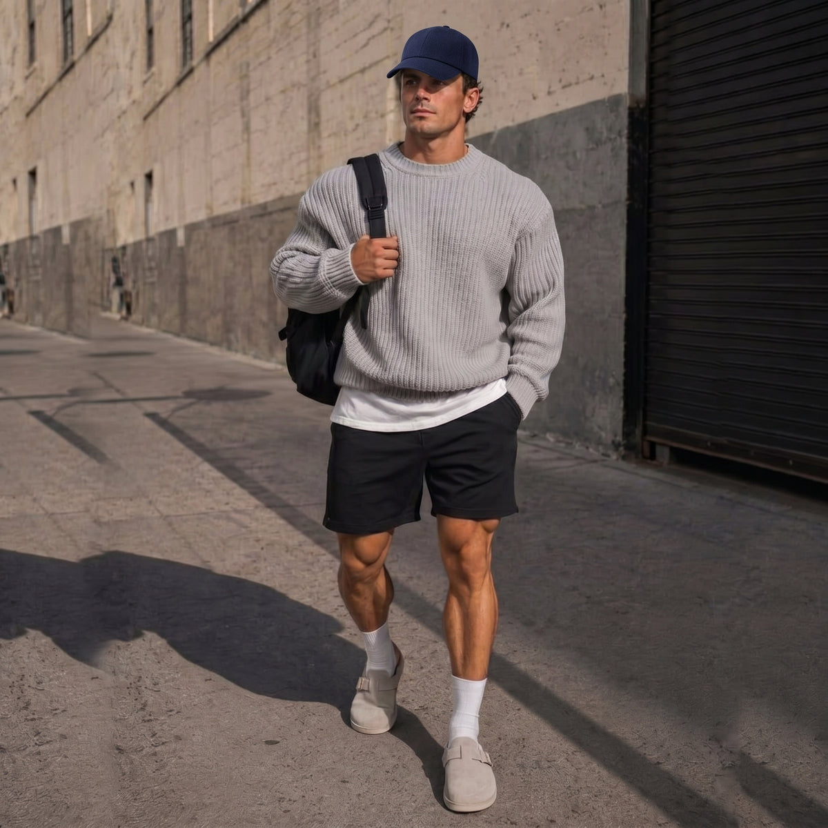 A man walking outdoors on a city street wearing a light gray ribbed knit sweater, black athletic shorts, white socks, beige slip-on shoes, and a navy blue baseball cap, with a black shoulder bag.