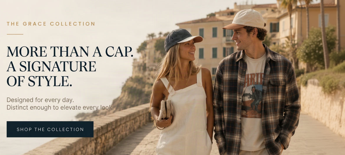 A man and a woman walking together on a sunny seaside path, wearing baseball caps and layered shirts. Large text on the left reads 'MORE THAN A CAP.