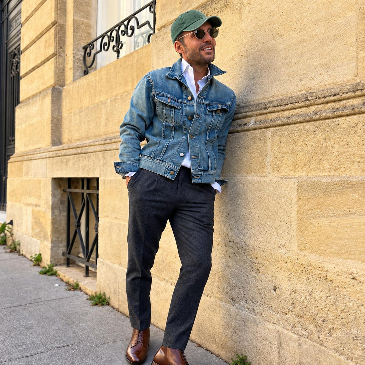 A man wearing a green baseball cap, sunglasses, a blue denim jacket over a white shirt, dark charcoal trousers, and brown leather shoes leans against a beige stone wall outdoors.