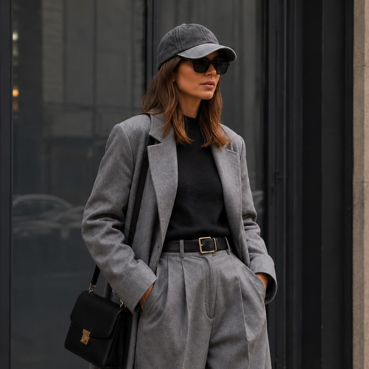 A woman wearing a gray wool-blend blazer and matching wide-leg trousers, styled with a black turtleneck, black belt, black baseball cap, black sunglasses, and a black shoulder bag, standing in front of a dark glass building.