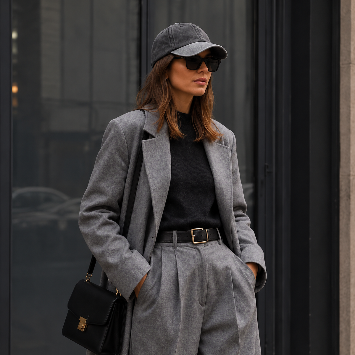 A woman wearing a gray wool-blend blazer and matching wide-leg trousers, styled with a black turtleneck, black belt, black baseball cap, black sunglasses, and a black shoulder bag, standing in front of a dark glass building.