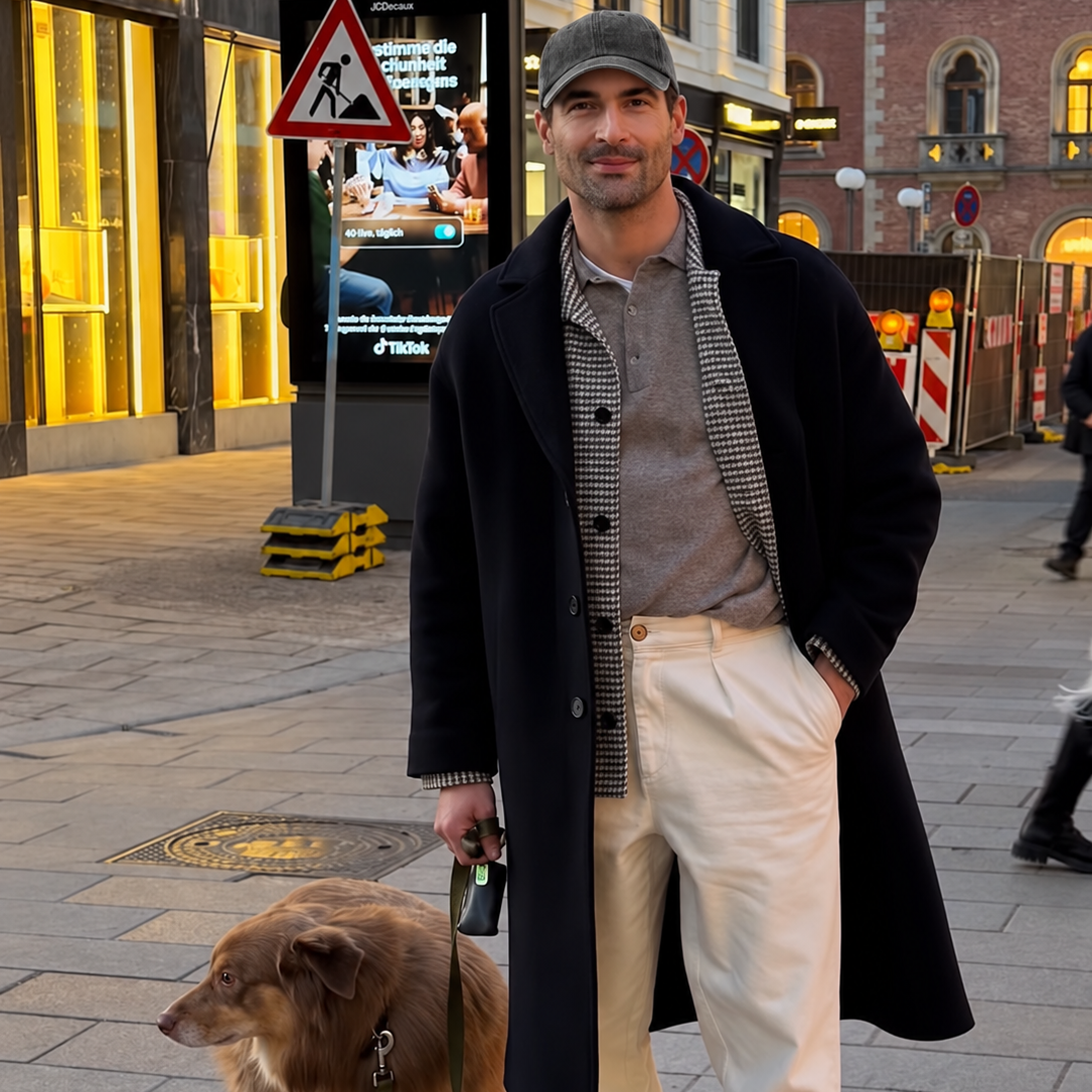 A man wearing a black overcoat, beige trousers, a patterned shirt, and a gray cap stands on a city sidewalk next to a brown dog, with storefronts and buildings in the background.