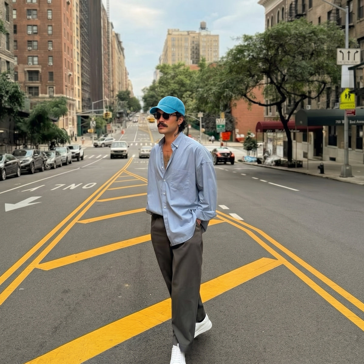 A man walking on a city street wearing a light blue button-down shirt, dark gray trousers, a bright blue cap, and white sneakers.