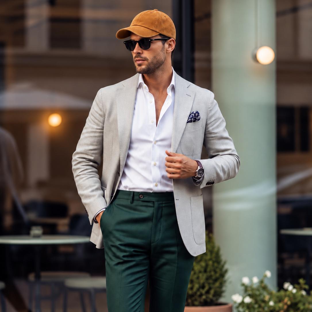 A man wearing a light gray blazer, forest green trousers, a white dress shirt, a mustard yellow cap, and sunglasses, standing in front of a modern glass building.