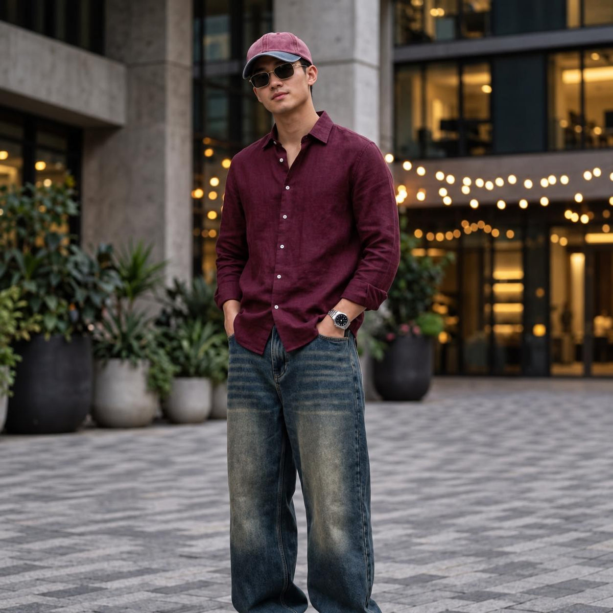 A man wearing a burgundy long-sleeve button-up shirt, blue jeans, a maroon baseball cap, and sunglasses stands in an outdoor urban plaza with buildings and string lights in the background.