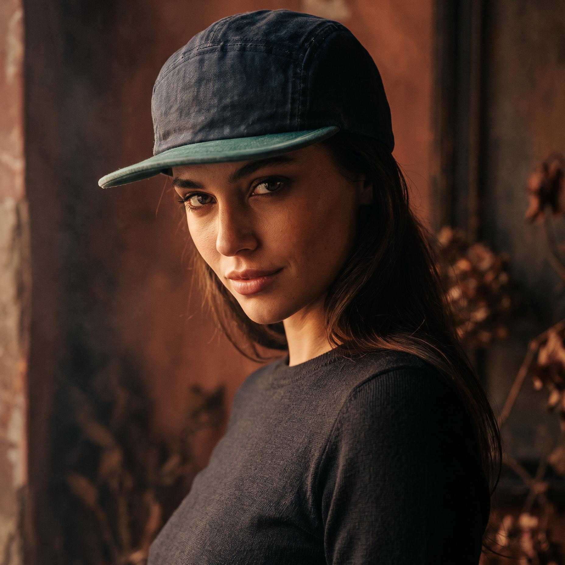 A woman wearing a dark navy blue baseball cap with a muted green brim and a dark charcoal long-sleeve shirt, photographed in warm, moody lighting against a rustic brown background.