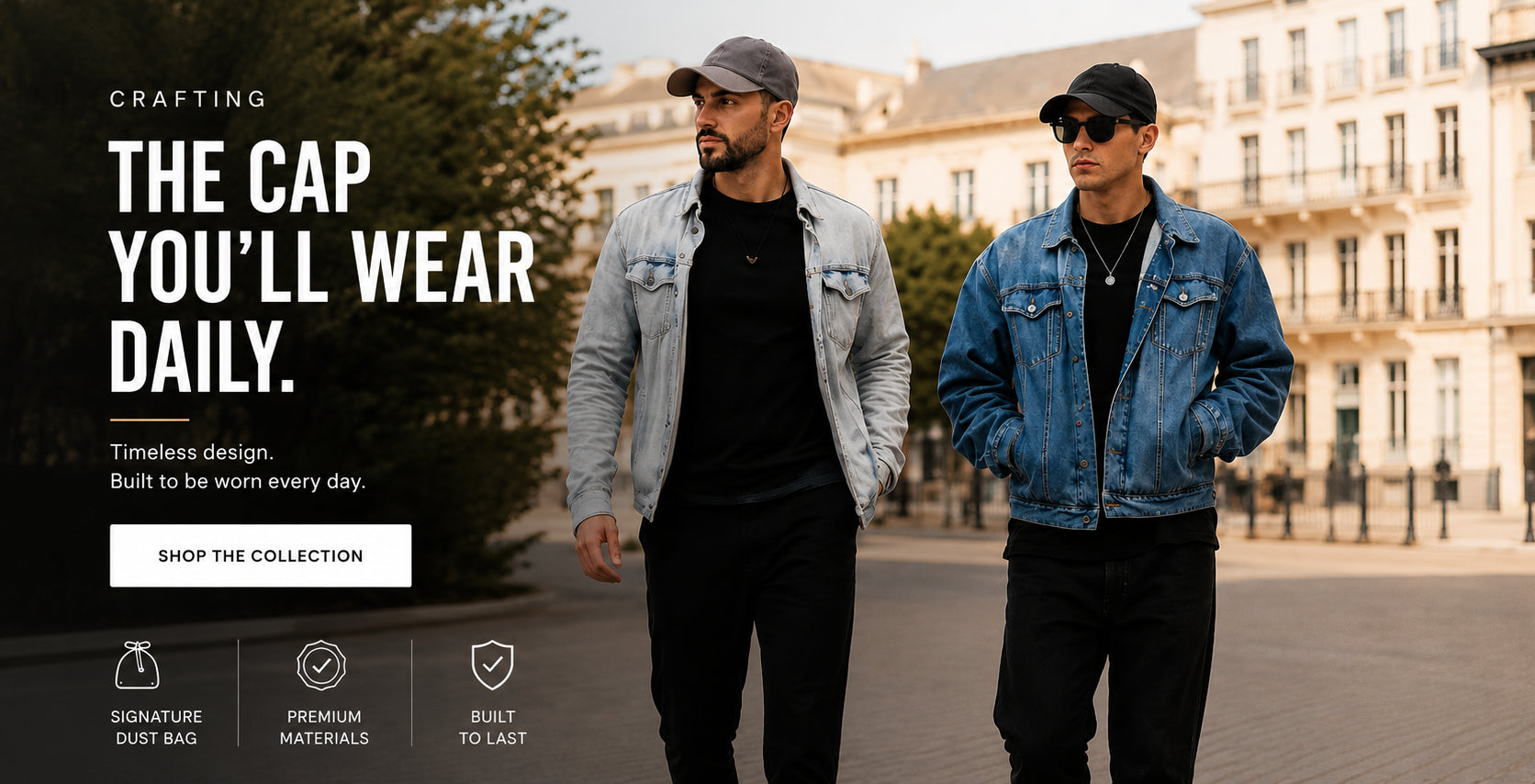 Two men walking outdoors in a city street wearing denim jackets and baseball caps, with promotional text on the left side of the image reading 'CRAFTING THE CAP YOU'LL WEAR DAILY.'.