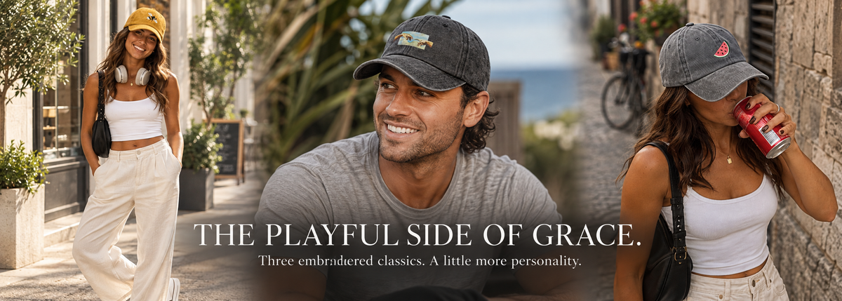 Three models wearing Embroidered Classics baseball caps in an outdoor street setting, with the text 'THE PLAYFUL SIDE OF GRACE.' and 'Three embroidered classics.