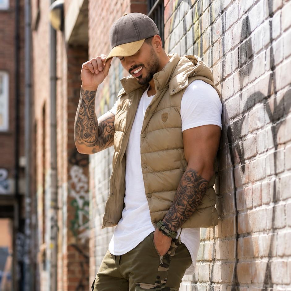 A man wearing a tan puffer vest over a white t-shirt, olive green cargo pants, and white sneakers, leaning against a brick wall in an urban alley.